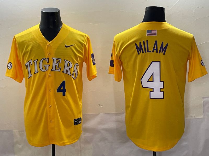 Men 2025 LSU Tigers #4 Milam Yellow Nike Joint Name Nike NCAA Jersey style 5